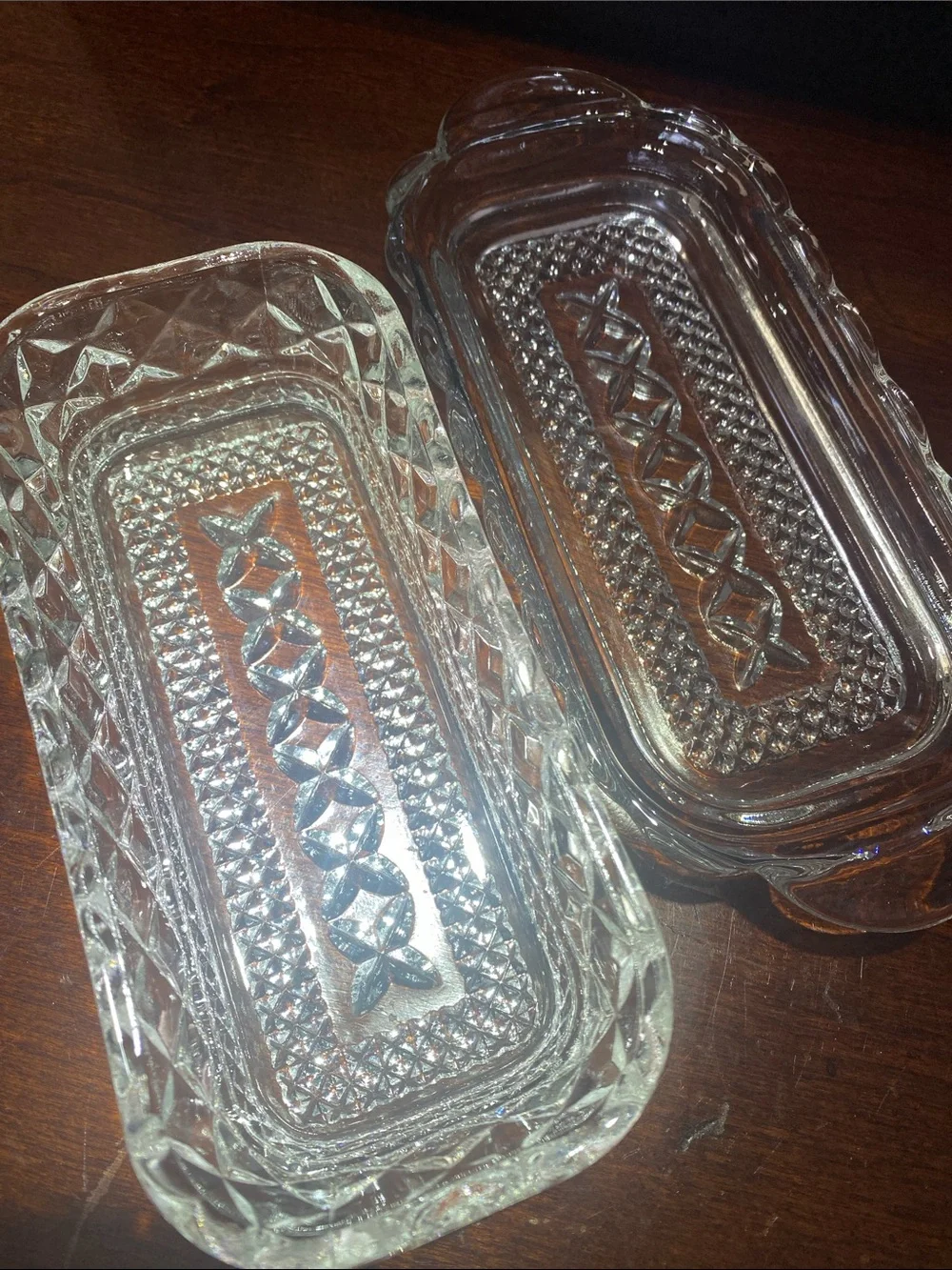 Vintage Anchor Hocking Glass Butter Dish Featuring a Pressed Diamond Cut Design